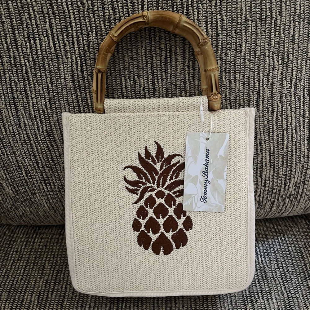 Tommy Bahama Cream Pineapple Tote Bag with Bamboo Handles